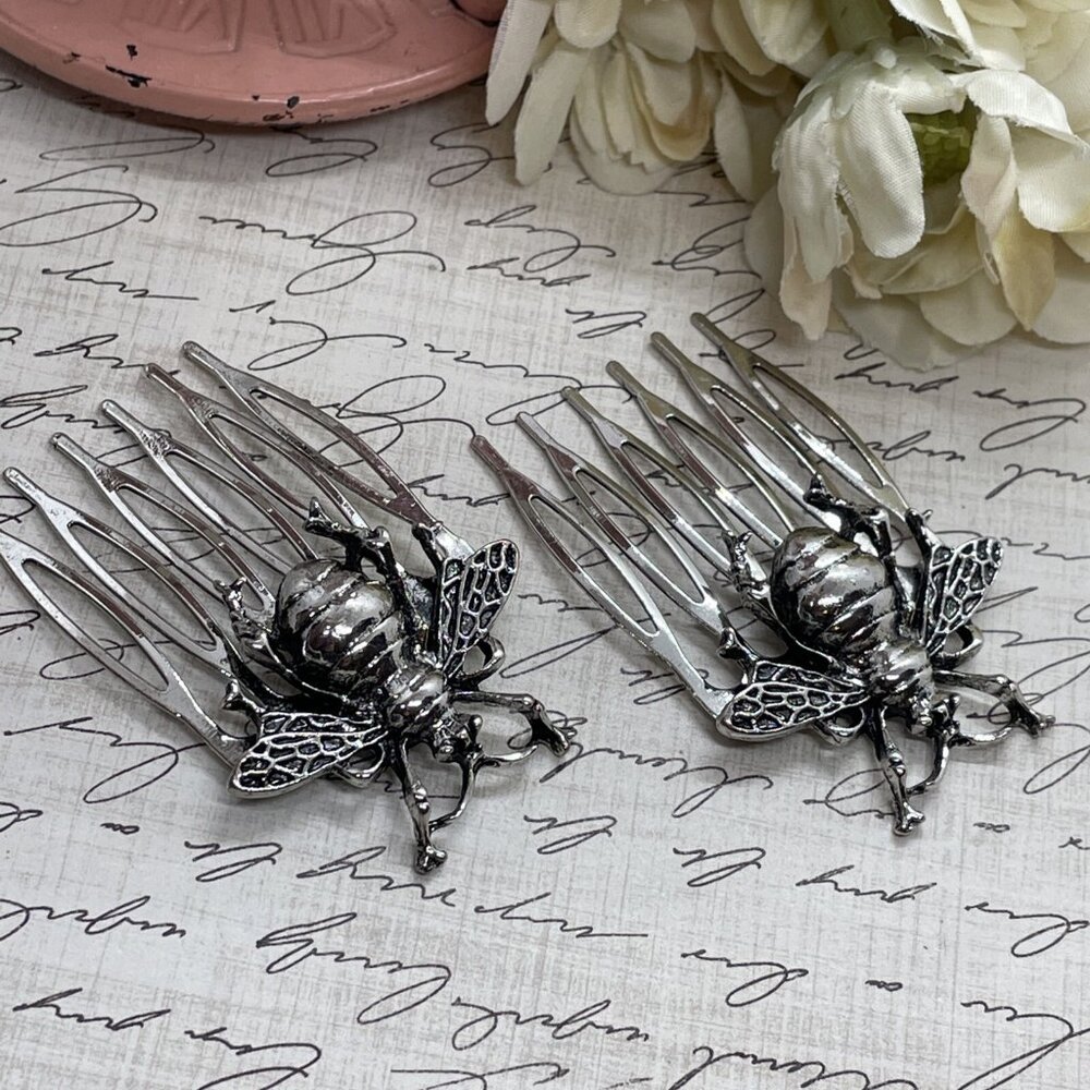 1 Pair Silver Long Bee Bridal Hairpin Bobby pin wedding hair festival Honey Comb - Picture 5 of 11